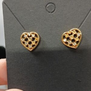 Heavy Gold Plated Heart Stud Earrings With Rhinestones
